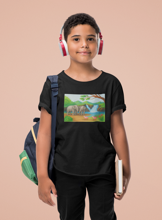 Elephants by the Waterfall T-Shirt for Boys - Nature Inspired Kids